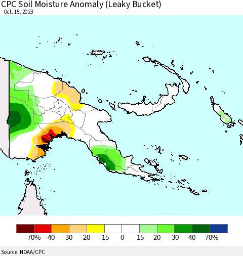 Papua New Guinea CPC Soil Moisture Anomaly (Leaky Bucket) Thematic Map For 10/11/2023 - 10/15/2023