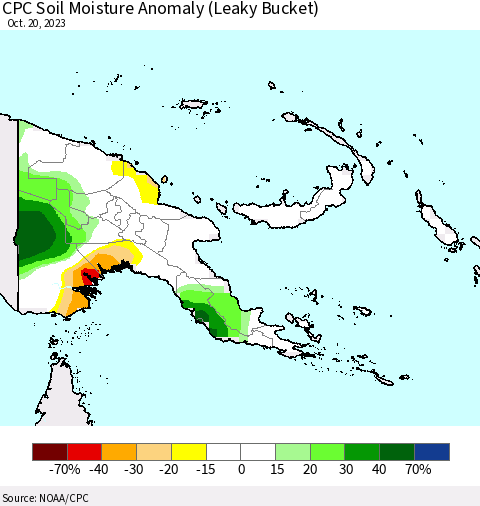 Papua New Guinea CPC Soil Moisture Anomaly (Leaky Bucket) Thematic Map For 10/16/2023 - 10/20/2023