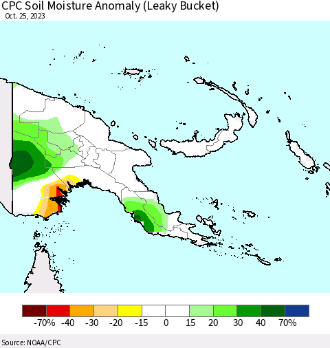 Papua New Guinea CPC Soil Moisture Anomaly (Leaky Bucket) Thematic Map For 10/21/2023 - 10/25/2023