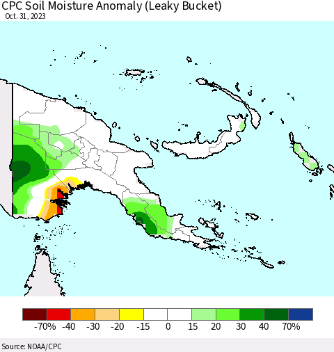 Papua New Guinea CPC Soil Moisture Anomaly (Leaky Bucket) Thematic Map For 10/26/2023 - 10/31/2023