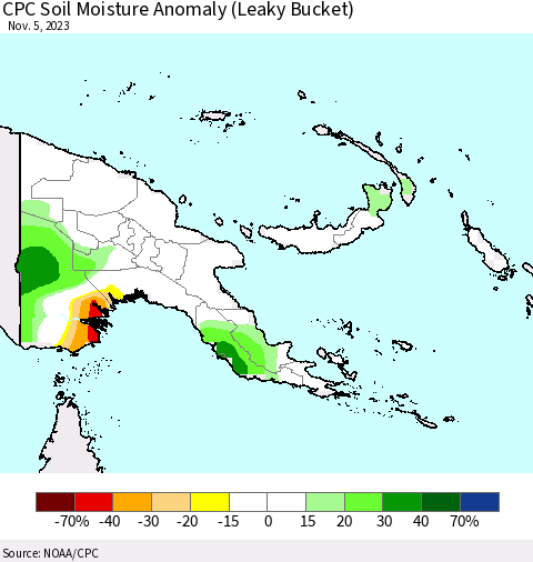 Papua New Guinea CPC Soil Moisture Anomaly (Leaky Bucket) Thematic Map For 11/1/2023 - 11/5/2023