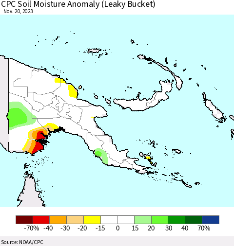 Papua New Guinea CPC Soil Moisture Anomaly (Leaky Bucket) Thematic Map For 11/16/2023 - 11/20/2023