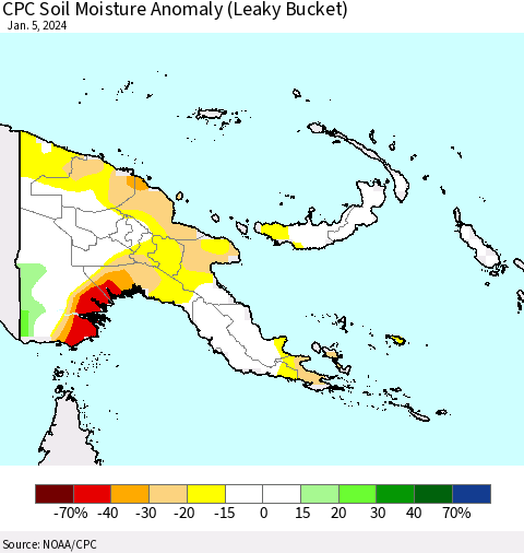 Papua New Guinea CPC Soil Moisture Anomaly (Leaky Bucket) Thematic Map For 1/1/2024 - 1/5/2024