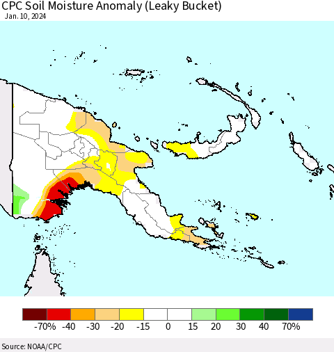 Papua New Guinea CPC Soil Moisture Anomaly (Leaky Bucket) Thematic Map For 1/6/2024 - 1/10/2024