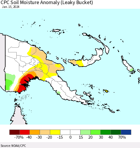 Papua New Guinea CPC Soil Moisture Anomaly (Leaky Bucket) Thematic Map For 1/11/2024 - 1/15/2024