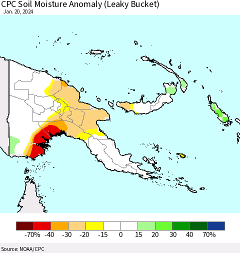 Papua New Guinea CPC Soil Moisture Anomaly (Leaky Bucket) Thematic Map For 1/16/2024 - 1/20/2024