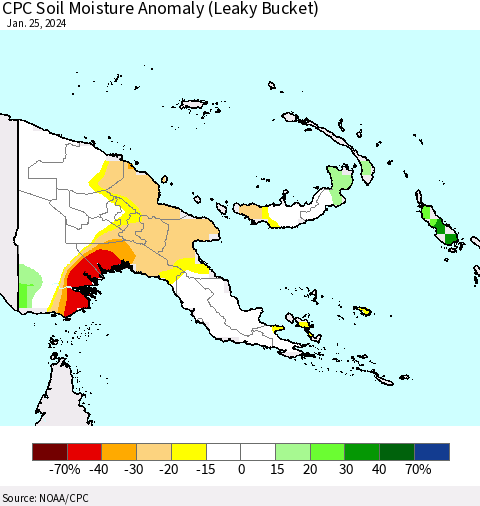 Papua New Guinea CPC Soil Moisture Anomaly (Leaky Bucket) Thematic Map For 1/21/2024 - 1/25/2024