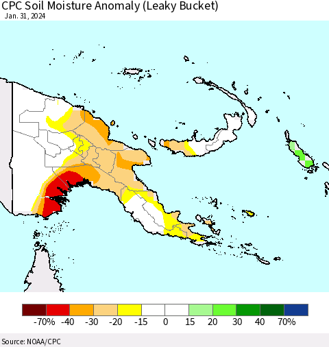 Papua New Guinea CPC Soil Moisture Anomaly (Leaky Bucket) Thematic Map For 1/26/2024 - 1/31/2024