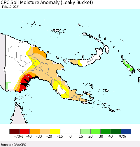 Papua New Guinea CPC Soil Moisture Anomaly (Leaky Bucket) Thematic Map For 2/6/2024 - 2/10/2024