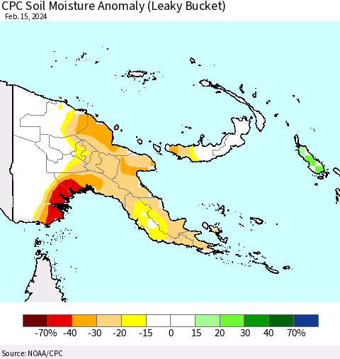 Papua New Guinea CPC Soil Moisture Anomaly (Leaky Bucket) Thematic Map For 2/11/2024 - 2/15/2024