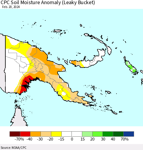 Papua New Guinea CPC Soil Moisture Anomaly (Leaky Bucket) Thematic Map For 2/16/2024 - 2/20/2024