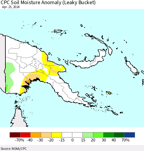 Papua New Guinea CPC Soil Moisture Anomaly (Leaky Bucket) Thematic Map For 4/21/2024 - 4/25/2024