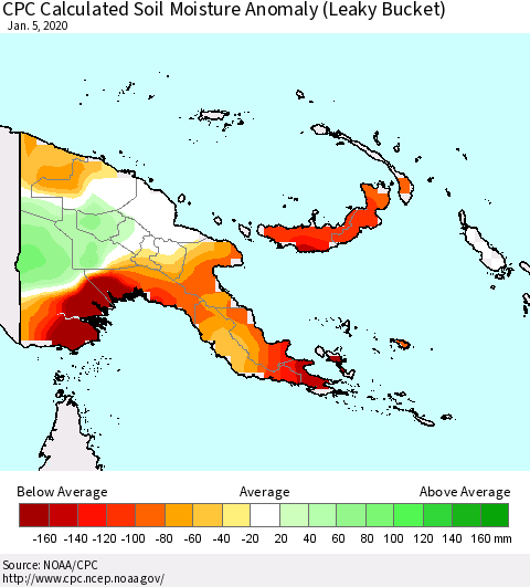 Papua New Guinea CPC Soil Moisture Departure from Normal (Leaky Bucket) Thematic Map For 1/1/2020 - 1/5/2020