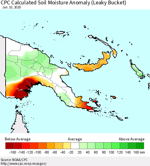Papua New Guinea CPC Soil Moisture Departure from Normal (Leaky Bucket) Thematic Map For 1/6/2020 - 1/10/2020