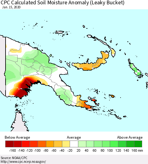 Papua New Guinea CPC Soil Moisture Departure from Normal (Leaky Bucket) Thematic Map For 1/11/2020 - 1/15/2020