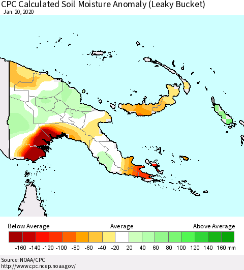 Papua New Guinea CPC Soil Moisture Departure from Normal (Leaky Bucket) Thematic Map For 1/16/2020 - 1/20/2020