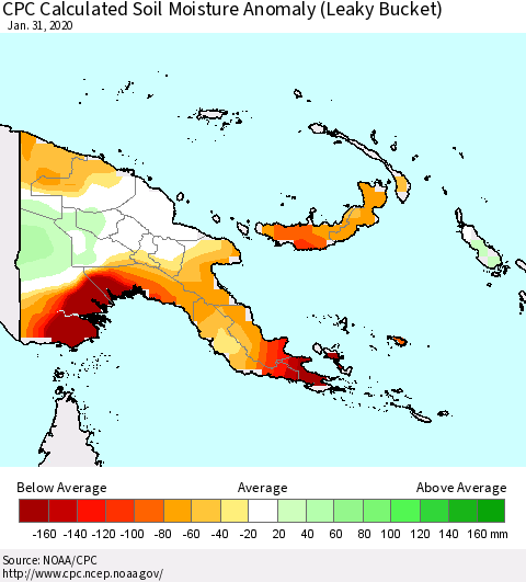 Papua New Guinea CPC Soil Moisture Departure from Normal (Leaky Bucket) Thematic Map For 1/26/2020 - 1/31/2020