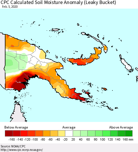 Papua New Guinea CPC Soil Moisture Departure from Normal (Leaky Bucket) Thematic Map For 2/1/2020 - 2/5/2020