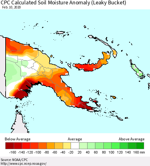 Papua New Guinea CPC Soil Moisture Departure from Normal (Leaky Bucket) Thematic Map For 2/6/2020 - 2/10/2020