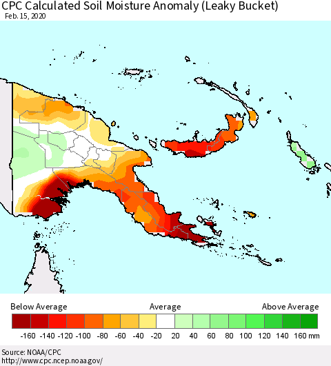 Papua New Guinea CPC Soil Moisture Departure from Normal (Leaky Bucket) Thematic Map For 2/11/2020 - 2/15/2020