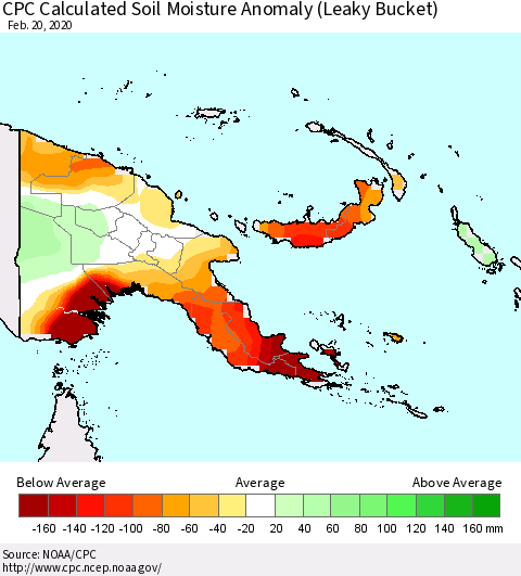 Papua New Guinea CPC Soil Moisture Departure from Normal (Leaky Bucket) Thematic Map For 2/16/2020 - 2/20/2020