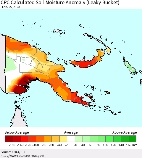 Papua New Guinea CPC Soil Moisture Departure from Normal (Leaky Bucket) Thematic Map For 2/21/2020 - 2/25/2020