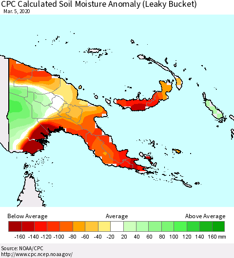 Papua New Guinea CPC Soil Moisture Departure from Normal (Leaky Bucket) Thematic Map For 3/1/2020 - 3/5/2020