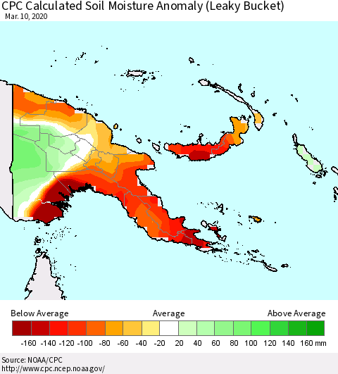 Papua New Guinea CPC Soil Moisture Departure from Normal (Leaky Bucket) Thematic Map For 3/6/2020 - 3/10/2020