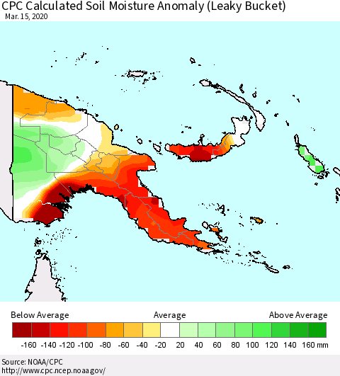 Papua New Guinea CPC Soil Moisture Departure from Normal (Leaky Bucket) Thematic Map For 3/11/2020 - 3/15/2020