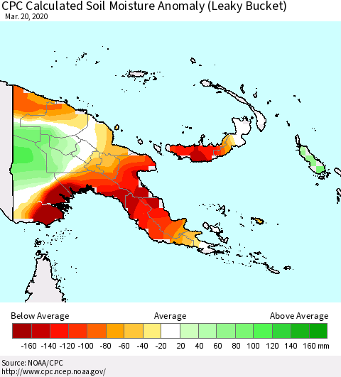 Papua New Guinea CPC Soil Moisture Departure from Normal (Leaky Bucket) Thematic Map For 3/16/2020 - 3/20/2020