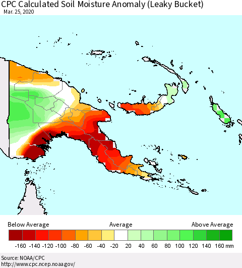 Papua New Guinea CPC Soil Moisture Departure from Normal (Leaky Bucket) Thematic Map For 3/21/2020 - 3/25/2020