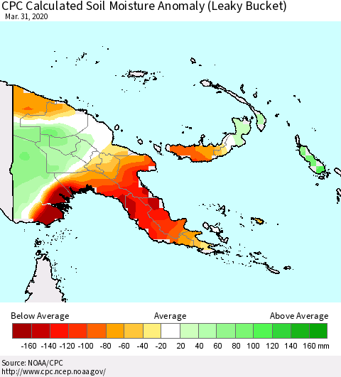 Papua New Guinea CPC Soil Moisture Departure from Normal (Leaky Bucket) Thematic Map For 3/26/2020 - 3/31/2020