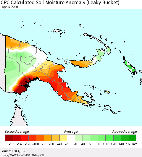 Papua New Guinea CPC Soil Moisture Departure from Normal (Leaky Bucket) Thematic Map For 4/1/2020 - 4/5/2020