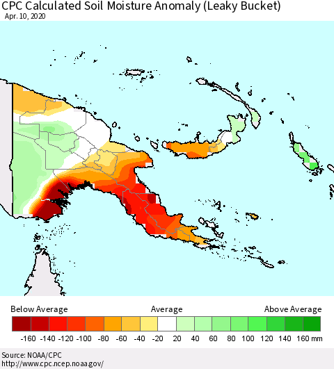 Papua New Guinea CPC Soil Moisture Departure from Normal (Leaky Bucket) Thematic Map For 4/6/2020 - 4/10/2020