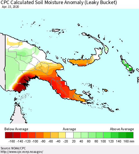 Papua New Guinea CPC Soil Moisture Departure from Normal (Leaky Bucket) Thematic Map For 4/11/2020 - 4/15/2020