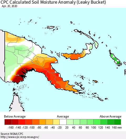 Papua New Guinea CPC Soil Moisture Departure from Normal (Leaky Bucket) Thematic Map For 4/16/2020 - 4/20/2020