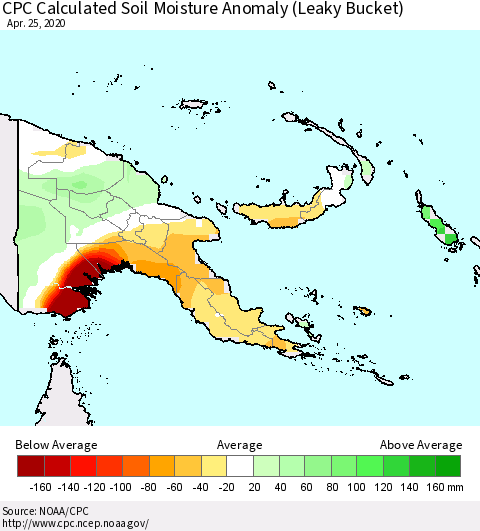 Papua New Guinea CPC Soil Moisture Departure from Normal (Leaky Bucket) Thematic Map For 4/21/2020 - 4/25/2020