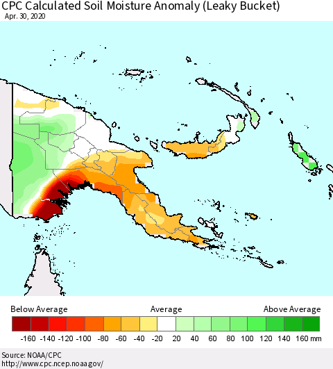 Papua New Guinea CPC Soil Moisture Departure from Normal (Leaky Bucket) Thematic Map For 4/26/2020 - 4/30/2020