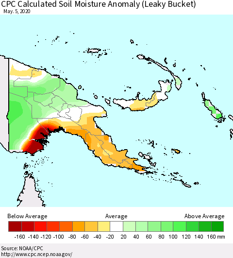 Papua New Guinea CPC Soil Moisture Departure from Normal (Leaky Bucket) Thematic Map For 5/1/2020 - 5/5/2020