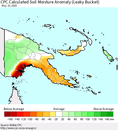 Papua New Guinea CPC Soil Moisture Departure from Normal (Leaky Bucket) Thematic Map For 5/6/2020 - 5/10/2020