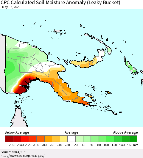 Papua New Guinea CPC Soil Moisture Departure from Normal (Leaky Bucket) Thematic Map For 5/11/2020 - 5/15/2020