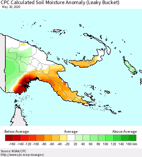 Papua New Guinea CPC Soil Moisture Departure from Normal (Leaky Bucket) Thematic Map For 5/16/2020 - 5/20/2020