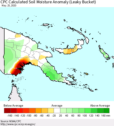 Papua New Guinea CPC Soil Moisture Departure from Normal (Leaky Bucket) Thematic Map For 5/21/2020 - 5/25/2020