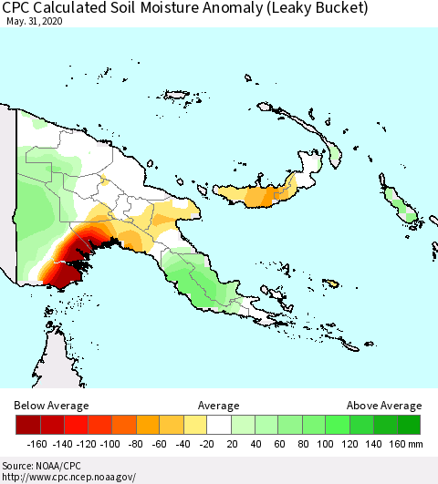 Papua New Guinea CPC Soil Moisture Departure from Normal (Leaky Bucket) Thematic Map For 5/26/2020 - 5/31/2020