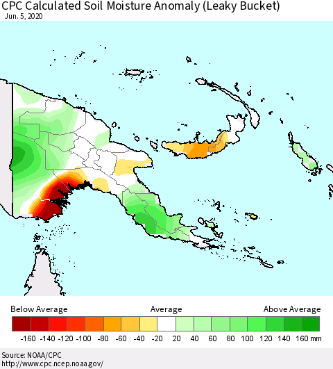 Papua New Guinea CPC Soil Moisture Departure from Normal (Leaky Bucket) Thematic Map For 6/1/2020 - 6/5/2020