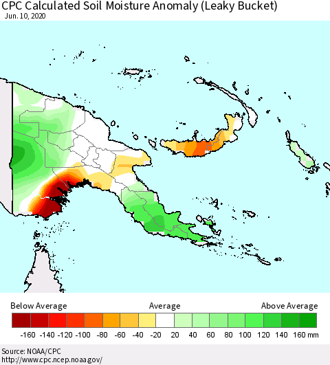 Papua New Guinea CPC Soil Moisture Departure from Normal (Leaky Bucket) Thematic Map For 6/6/2020 - 6/10/2020