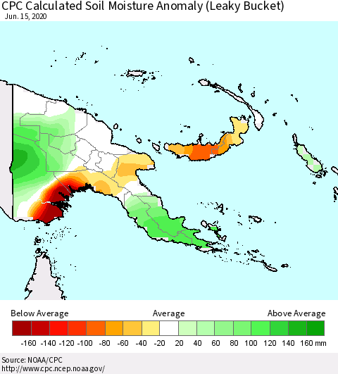Papua New Guinea CPC Soil Moisture Departure from Normal (Leaky Bucket) Thematic Map For 6/11/2020 - 6/15/2020