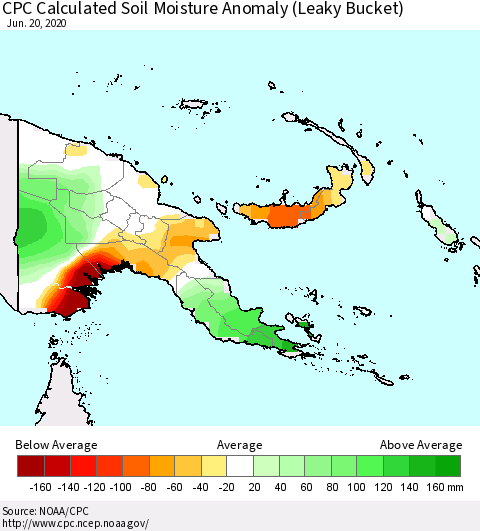 Papua New Guinea CPC Soil Moisture Departure from Normal (Leaky Bucket) Thematic Map For 6/16/2020 - 6/20/2020