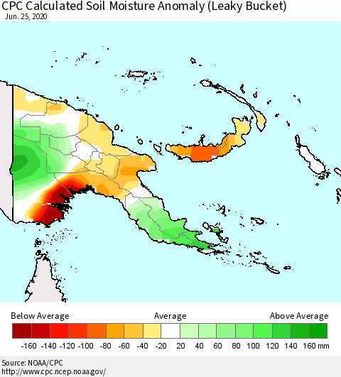 Papua New Guinea CPC Soil Moisture Departure from Normal (Leaky Bucket) Thematic Map For 6/21/2020 - 6/25/2020