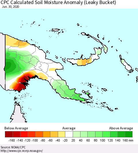 Papua New Guinea CPC Soil Moisture Departure from Normal (Leaky Bucket) Thematic Map For 6/26/2020 - 6/30/2020